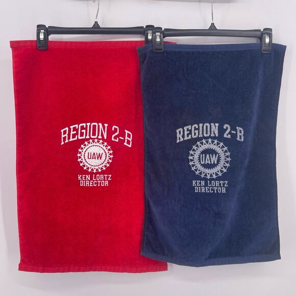 TWO UAW Region 2B Golf Towels Ken Lortz Director Red Blue Ford GM Chrysler - Picture 1 of 9
